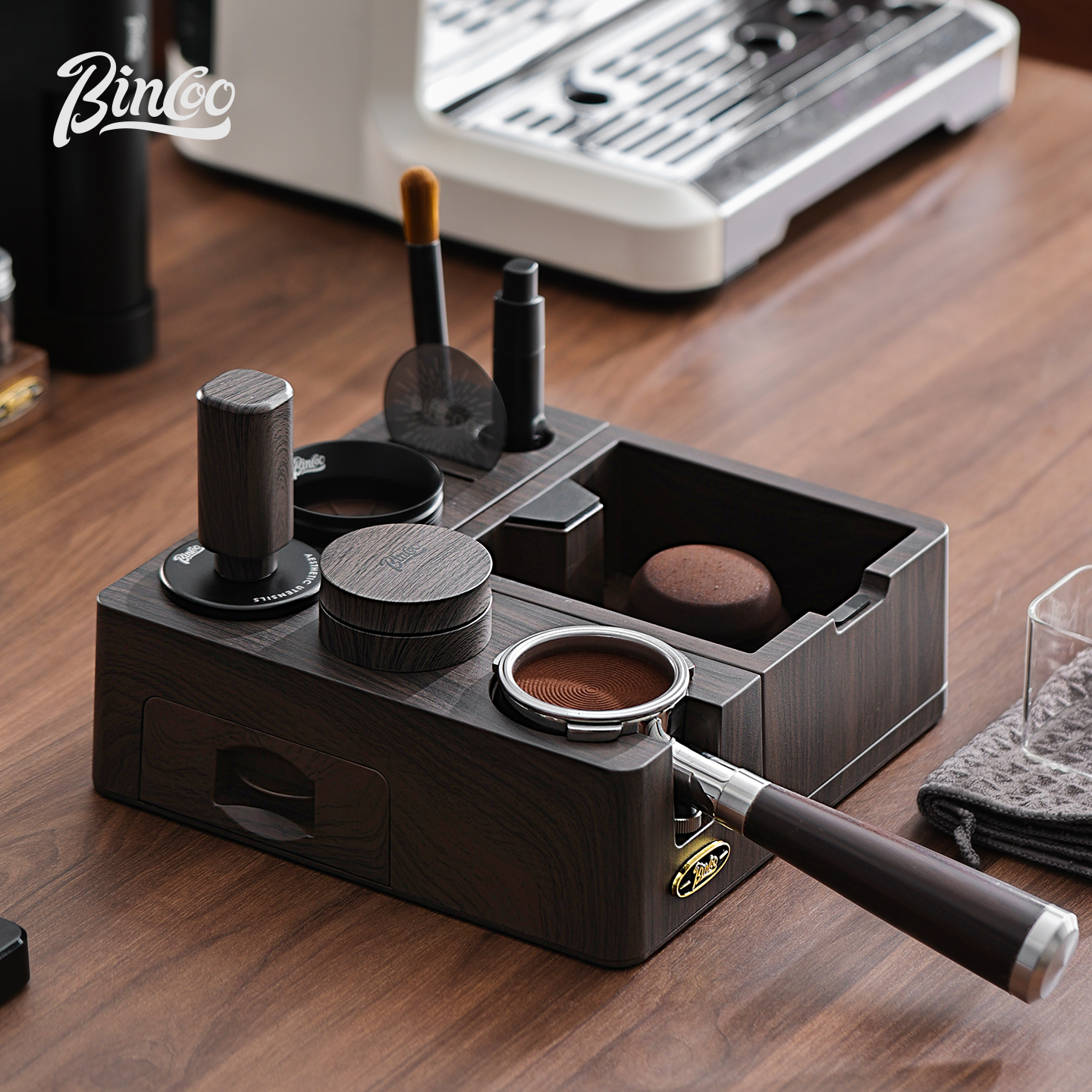 Bincoo咖啡压粉底座敲渣盒一体布粉器压粉锤手柄器具收纳组合套装