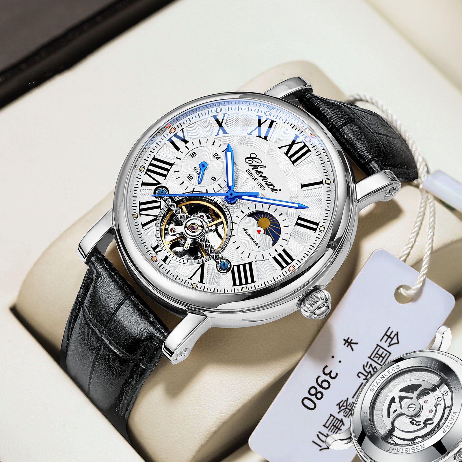 德国专柜偏蓝光气球百搭潮流全自动机械手表罗马数字镂空陀飞轮表