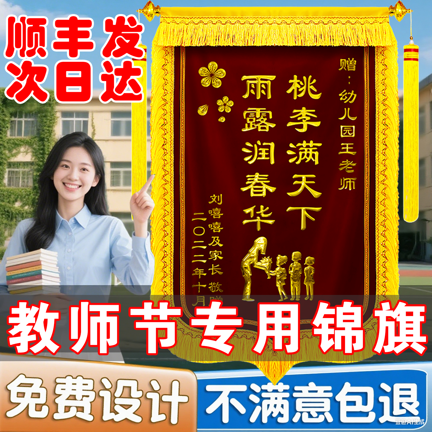 锦旗定制定做感谢幼儿园服务送老师教师节旌旗制作订做送给医生护士中小学校毕业辅导培训高档手提袋刺绣锦旗