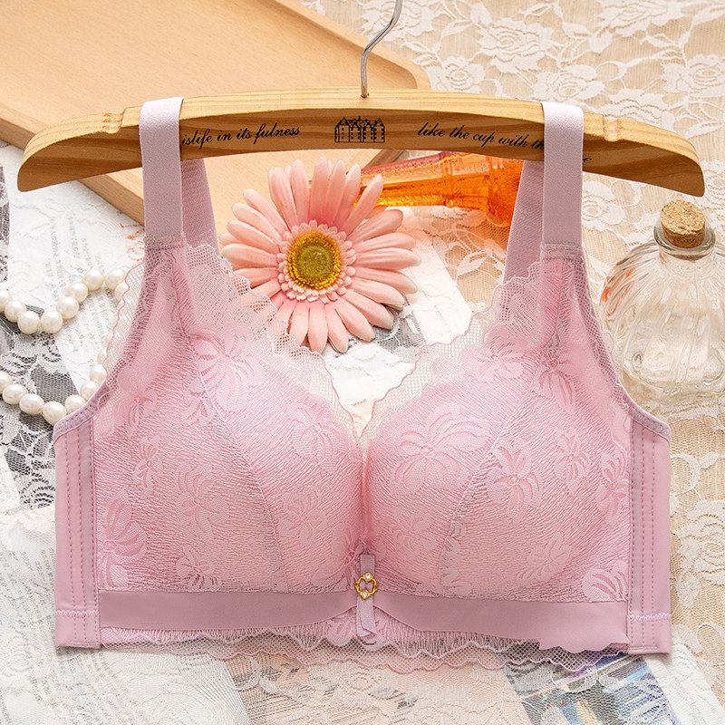 夏季季粉色内衣女无钢圈小胸聚拢厚薄款调整型文胸收副乳胸罩上托