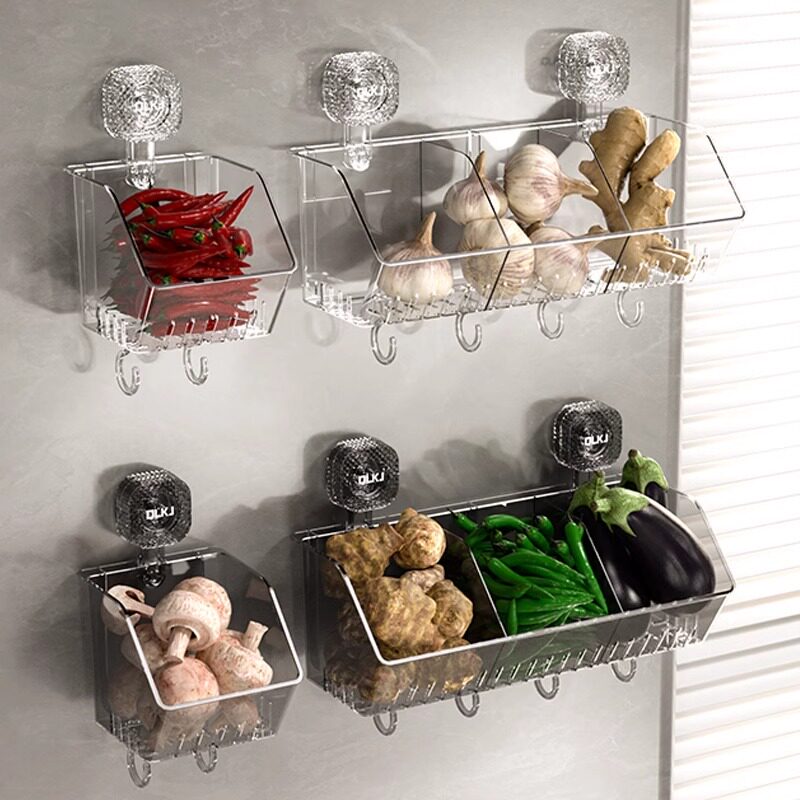 厨房吸盘收纳篮带挂钩免打孔壁挂无痕置物架调料葱姜蒜分类收纳盒