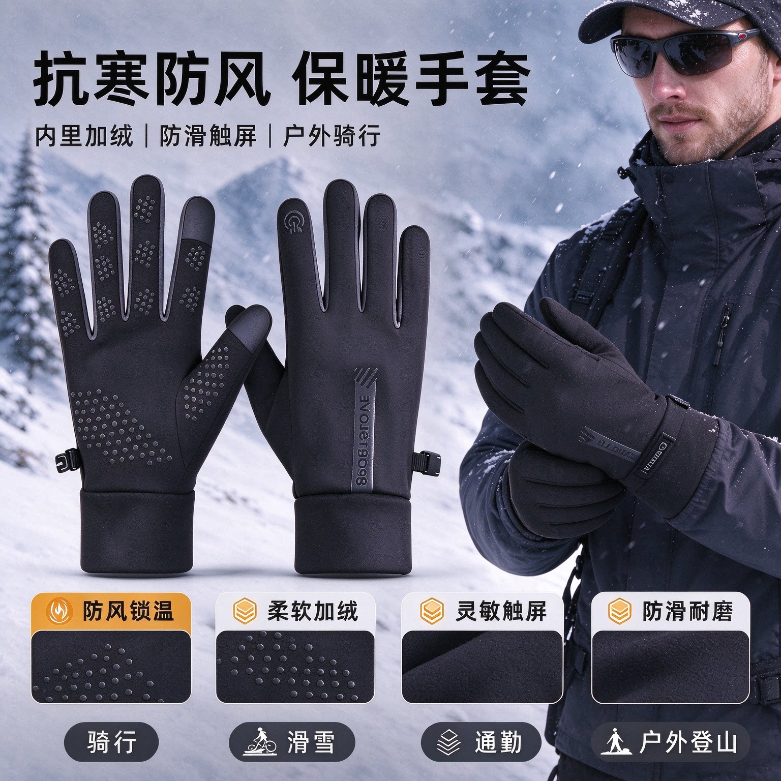 触屏保暖手套男女款冬季户外骑行摩托车开车防风加绒防滑全指手套