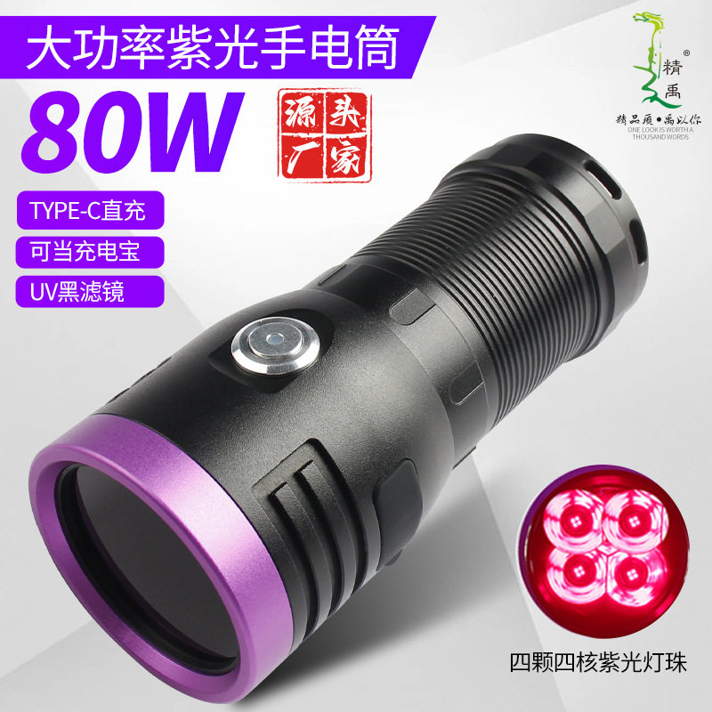 365nm紫光灯鉴定专用验钞烟酒防伪80w大伍氏紫外线手电筒功率