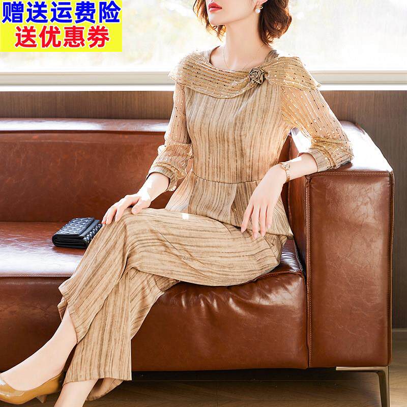 母亲节中年妈妈春装时尚套装2026新款中老年女洋气雪纺小衫两件套