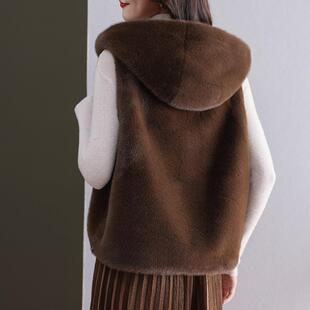 水貂绒连帽衫拉链无袖马甲外套女开衫短款羊毛衫宽松大码加厚外搭