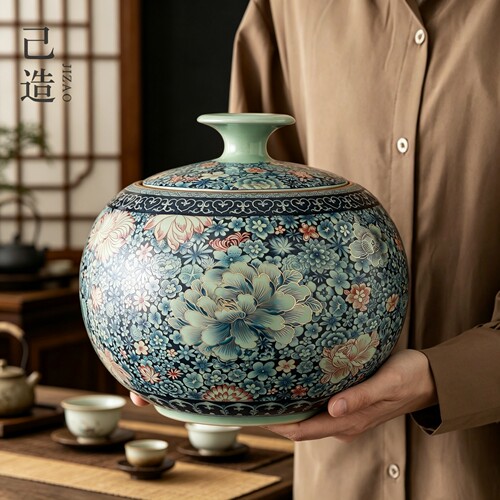 己造高档汝窑青花瓷茶叶罐