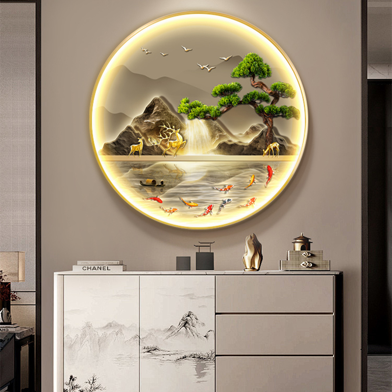 新中式入户圆形玄关装饰画走廊挂画流水生财高档山水带灯画九鱼图