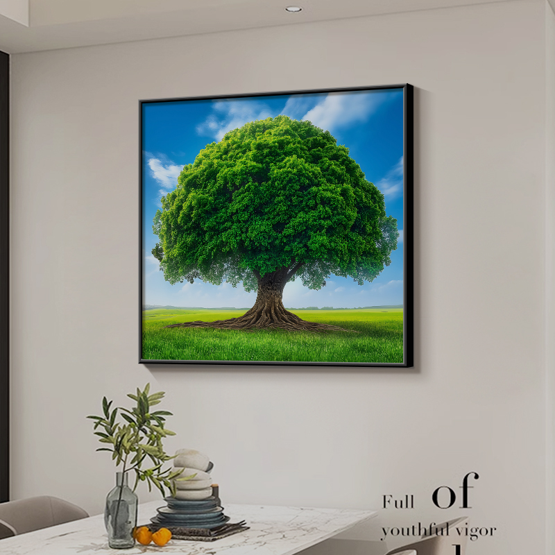 大树挂画餐厅背景墙装饰画正方形客厅风景画现代简约绿植玄关壁画图片
