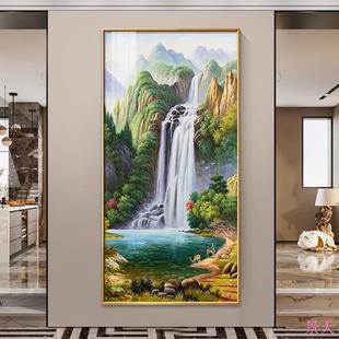 聚宝盆装饰画入户玄关画寓意挂画竖版壁画油画流水生财山水风景画