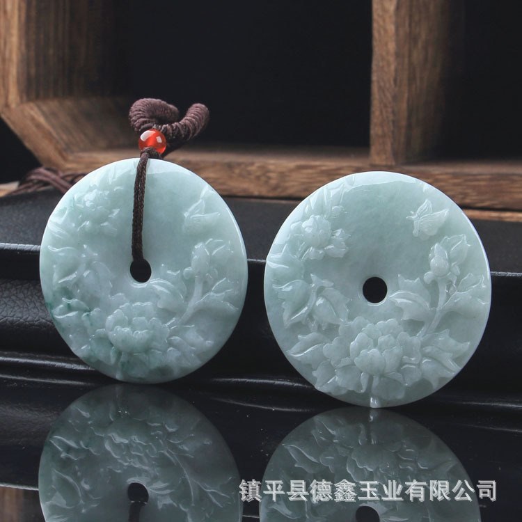 花开富贵A货翡翠平安扣吊坠 飘花女士毛衣链 缅甸天然翡翠玉坠