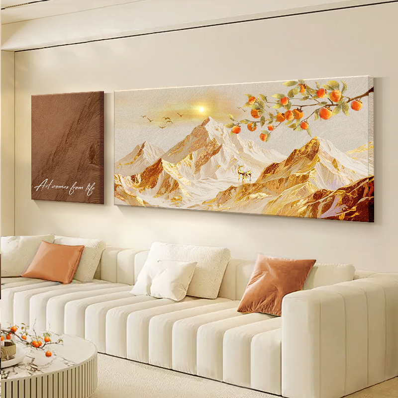 日照金山客厅装饰画2025新款奶油风沙发背景墙挂画大白墙壁画高级