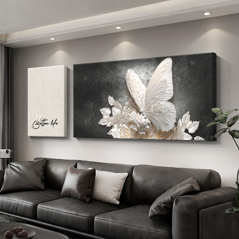 极简黑白蝴蝶客厅装饰画2025新款沙发背景墙挂画简约现代肌理壁画图片