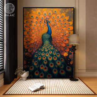 《屏下孔雀》法式中古风孔雀开屏覆古客厅装饰画玄关古典艺术挂画