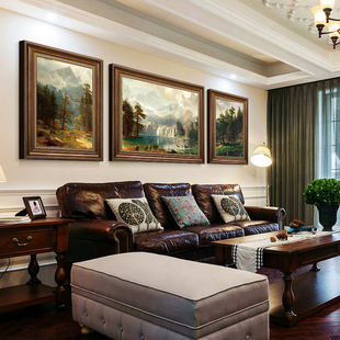 风水挂画 欧式 山水客厅装 饰画三联沙发背景墙画聚宝盆风景油画美式