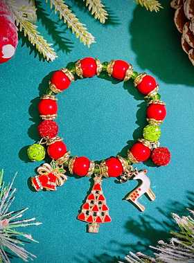 Christmas bracelet圣诞老人雪人雪花氛围香巴拉球红绿珠铃铛手链