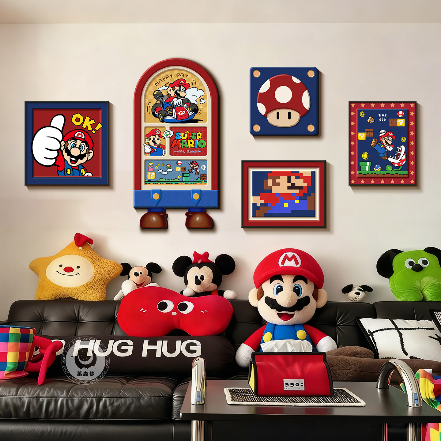 马里奥卡通客厅装饰画多巴胺趣味沙发背景墙挂画儿童房间组合壁画