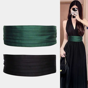 腰带女款绑带腰封女士宽腰带缎面黑色绿色装饰连衣裙收腰配裙子汉