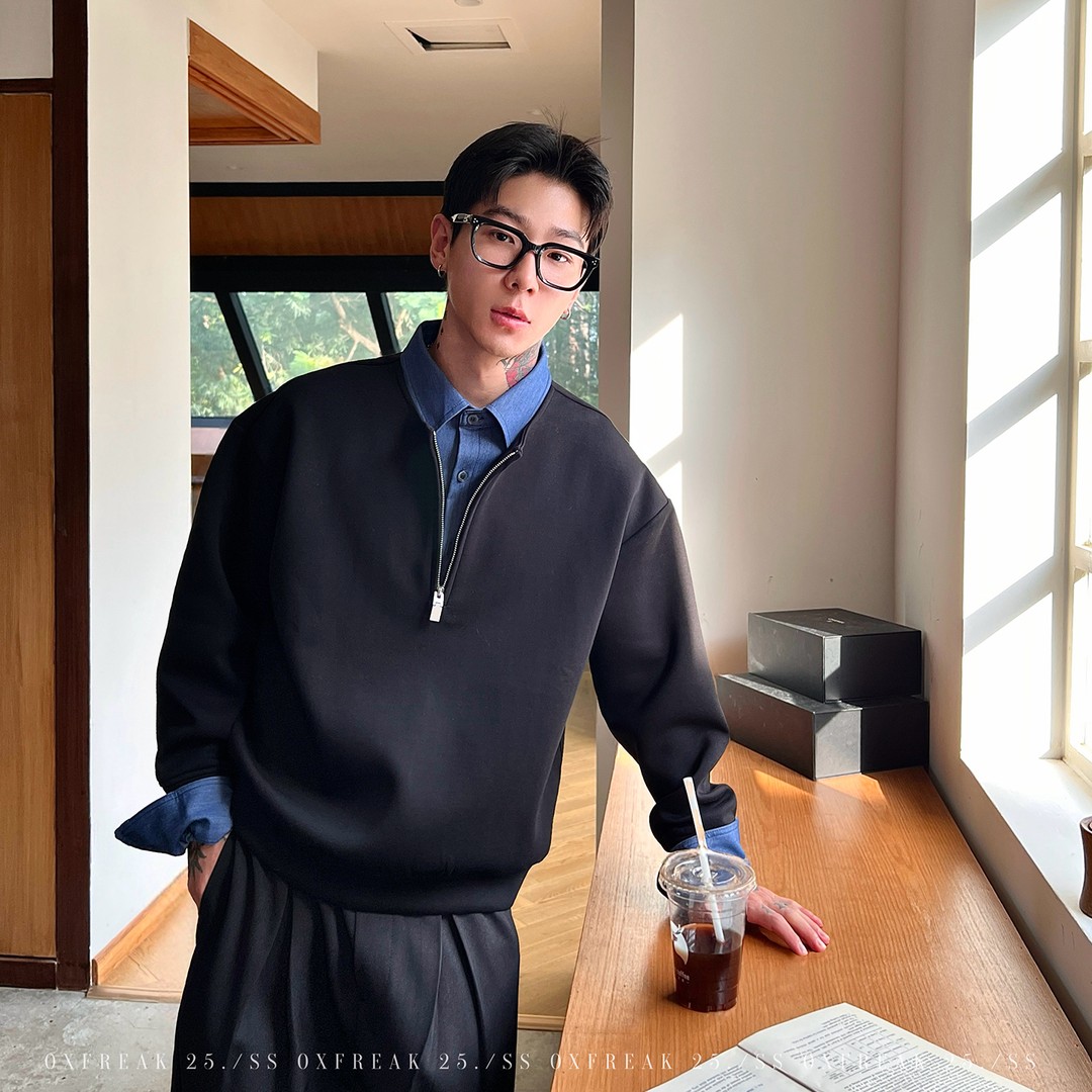OXFREAK「衬衫式内襟」500g重磅假两件半拉链卫衣男秋冬翻领长袖