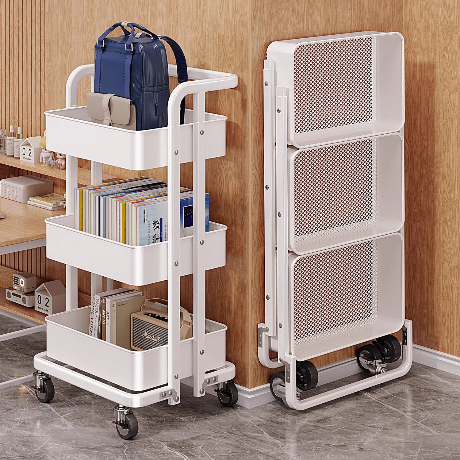 小推车置物架落地多层书包收纳架子厨房家用婴儿卧室移动零食书架