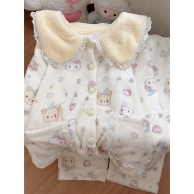 冬季轻松熊法兰绒睡衣女卡通可爱长袖印花加绒加厚冬天保暖家居服