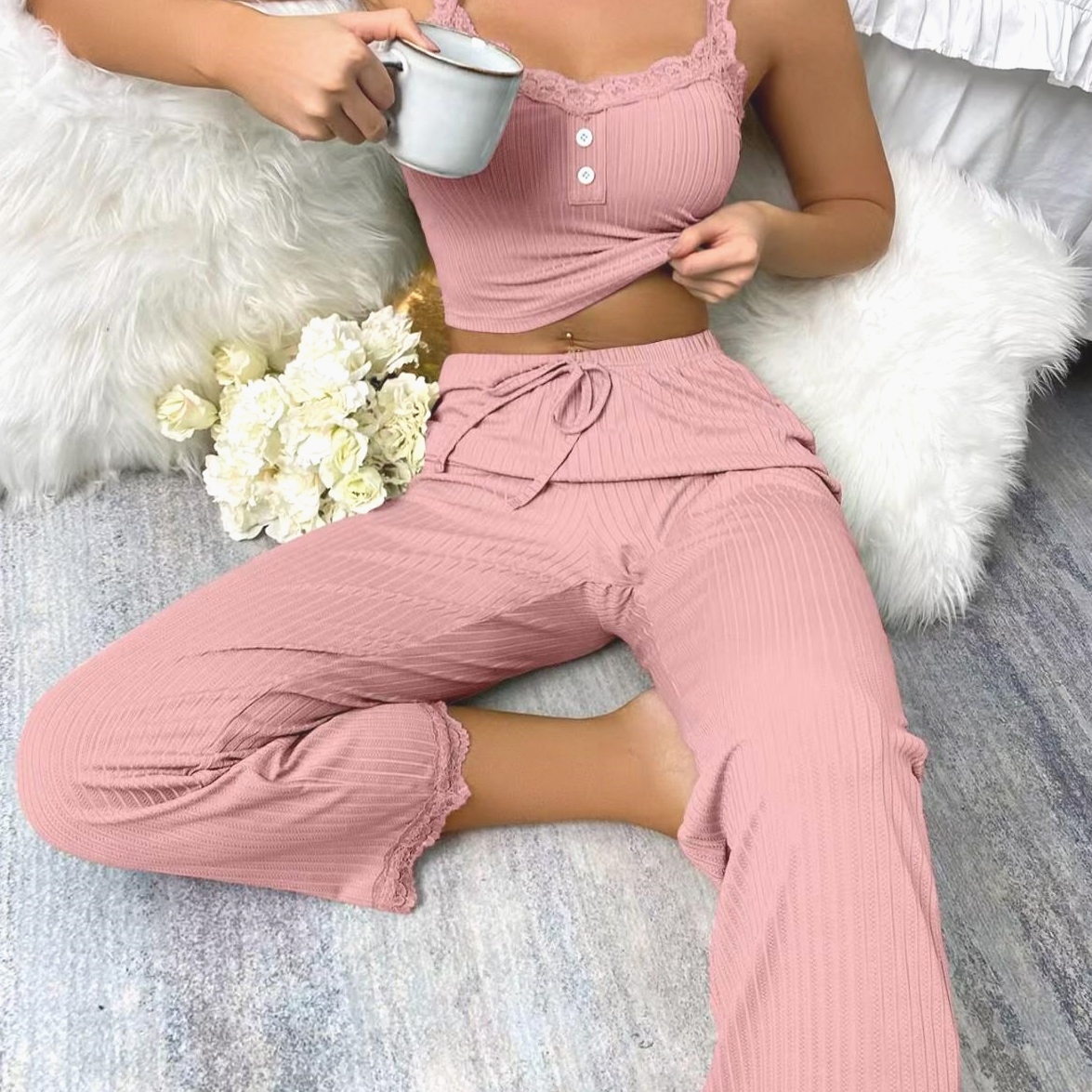New Lace Halter Top Pants Pajama Girl 吊带上衣长裤睡衣套装女