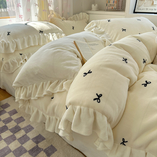 韩版 公主风双面牛奶绒床上四件套冬天加绒被套珊瑚绒床单人三件套