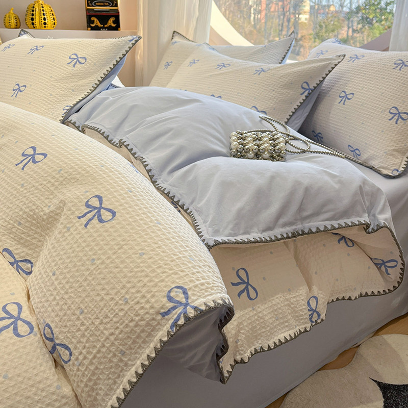 全棉华夫格印花贝壳边床上四件套轻奢纯棉宿舍床单被套三件套床品,床上用品,床品套件/四件套/多件套,淘宝优惠券,粉丝福利购,淘宝优惠卷