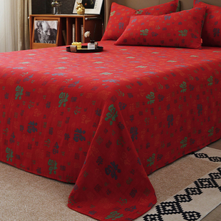 纯棉双层纱红色百福床单单件全棉纱布床笠罩结婚本命年送老人被单