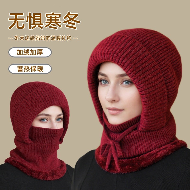 中老年帽子围巾一体冬季妈妈保暖毛线帽奶奶老人护耳针织套头帽女