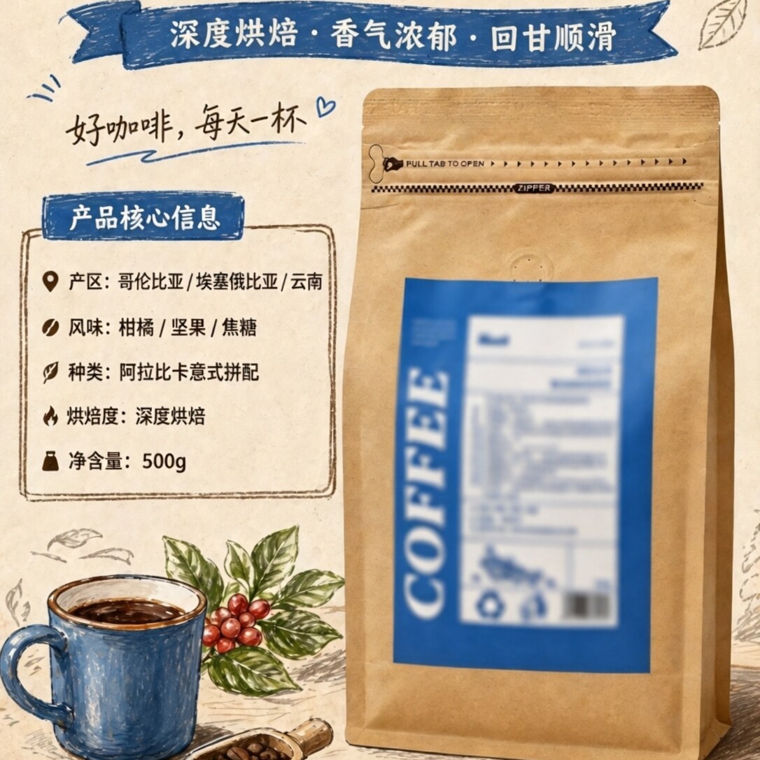 Mono阿拉比卡咖啡豆深烘意式拼配埃塞俄比亚哥伦比亚摩卡壶500g