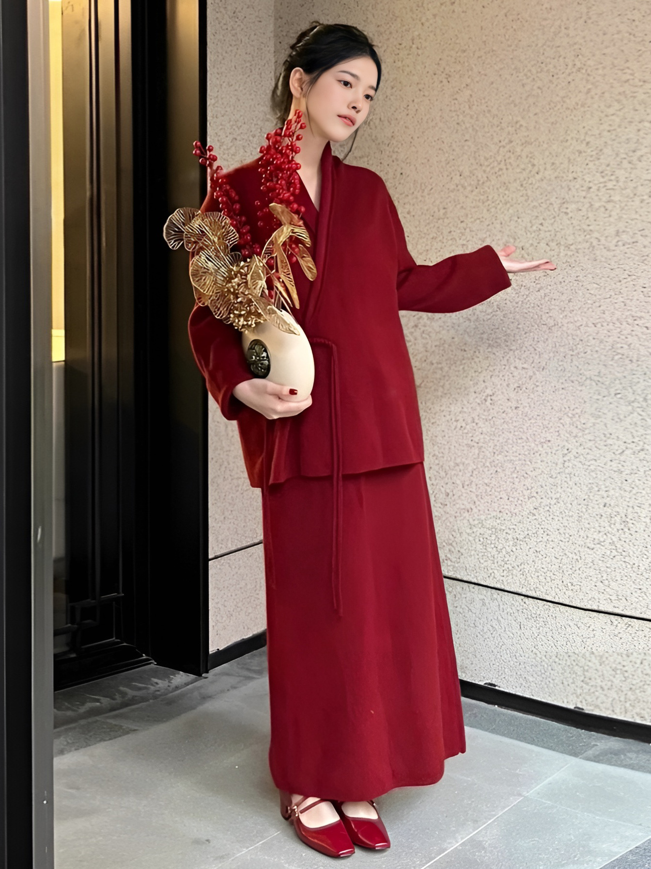 新中式国风女装秋冬搭配一整套高级感红色毛衣半身裙套装订婚礼服