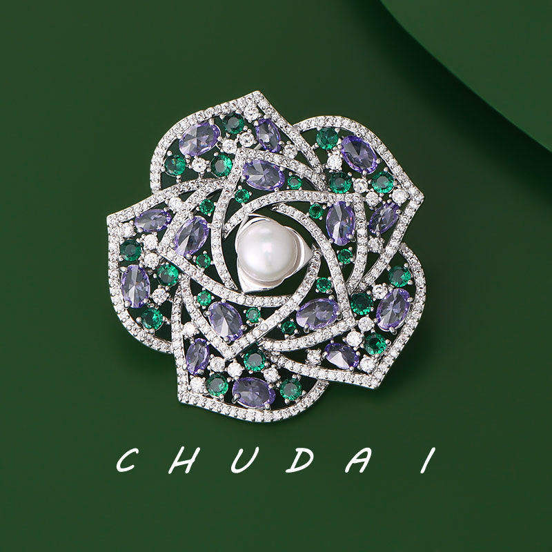 绝美紫色系山茶花胸针高档女天然淡水珍珠高级感胸花西装大气配饰