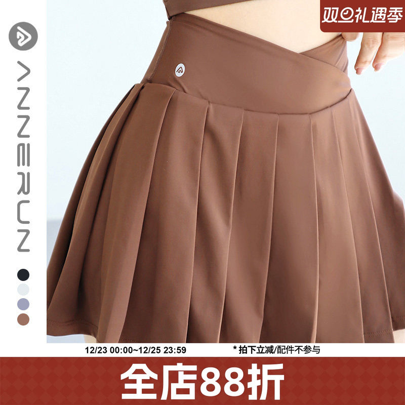 annerun假两件防走光瑜伽短裙女羽毛球裙运动百褶短裙舞蹈网球裙