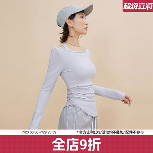 annerun休闲瑜伽长袖 女运动跑步上衣百搭显瘦健身性感一字领T恤