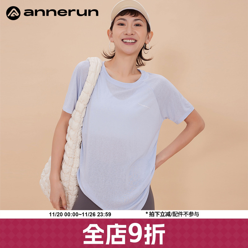 annerun健身运动上衣女圆领T恤罩衫透气瑜伽T恤宽松跑步速干短袖
