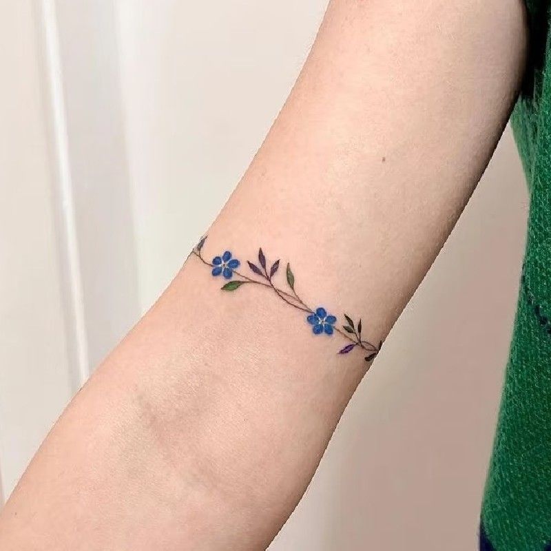 蓝色小花手环彩色纹身贴防水女持久手腕脚踝可爱彩绘