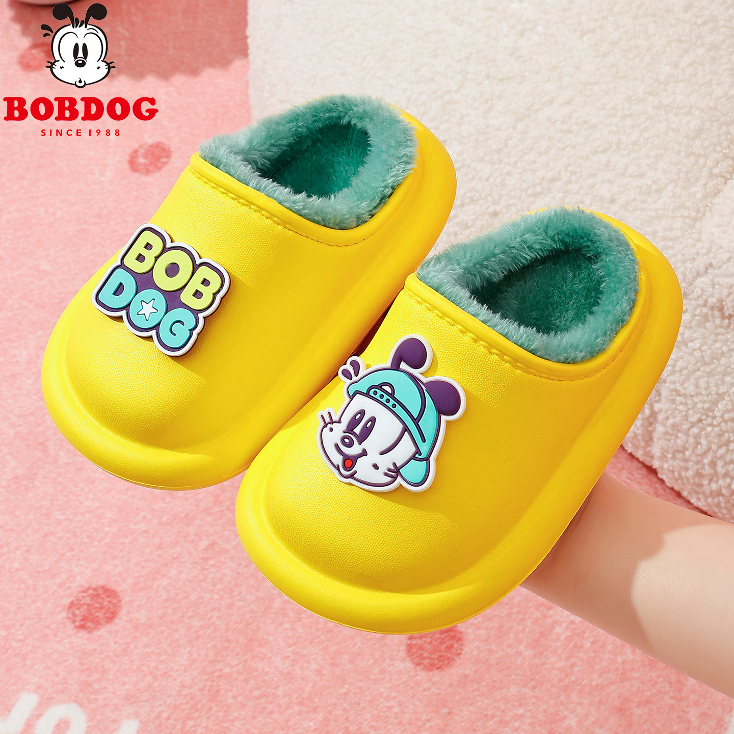 巴布豆防水儿童棉拖鞋包跟女童冬季防滑婴儿卡通可爱宝宝棉鞋男孩