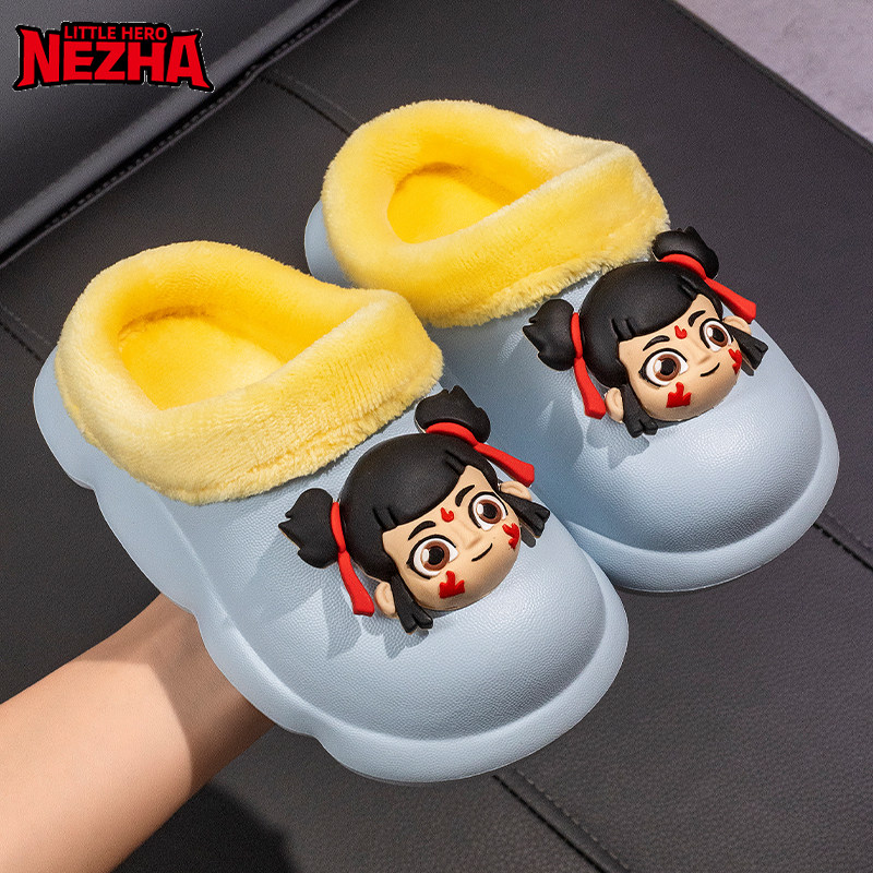 哪吒儿童棉拖鞋男2025新款防滑保暖冬季室内居家加绒卡通女孩棉鞋