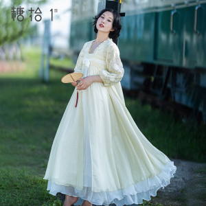 现货【莺时流光】复古改良版襦裙女夏季刺绣烫金长裙拼接连衣裙子