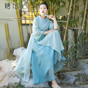 【竹叶青】国风大摆连衣裙设计感纯色雪纺裙女2025夏季轻薄飘逸裙