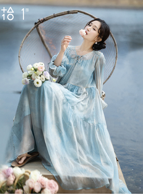 现货【水光潋滟】文艺蓝色晕染连衣裙套装女春季浪漫荷叶边袖口裙