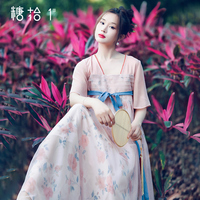 特惠【伊人矜水】复古方领大摆网纱襦裙连衣裙女夏季气质印花长裙
