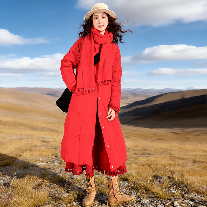 清【朱砂流光】复古红色羽绒服女中长款2025冬季原创轻薄显瘦外套