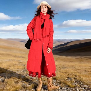 清【朱砂流光】复古红色羽绒服女中长款2025冬季原创轻薄显瘦外套