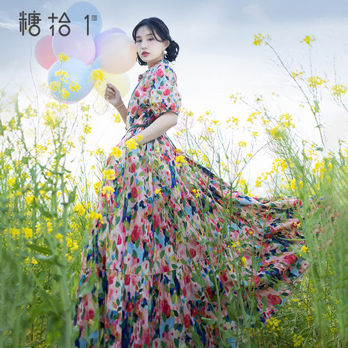 复古衬衫领连衣裙印花长裙女夏日