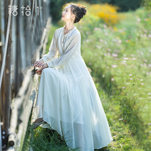 【无杳】白色花边领连衣裙女2025夏季气质仙气裙拼接雪纺轻薄长裙