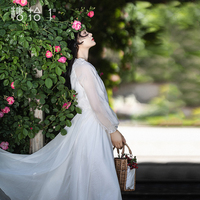 【玉凤谣】雪纺连衣裙女2026年夏季木耳边圆领长袖设计感白色裙子