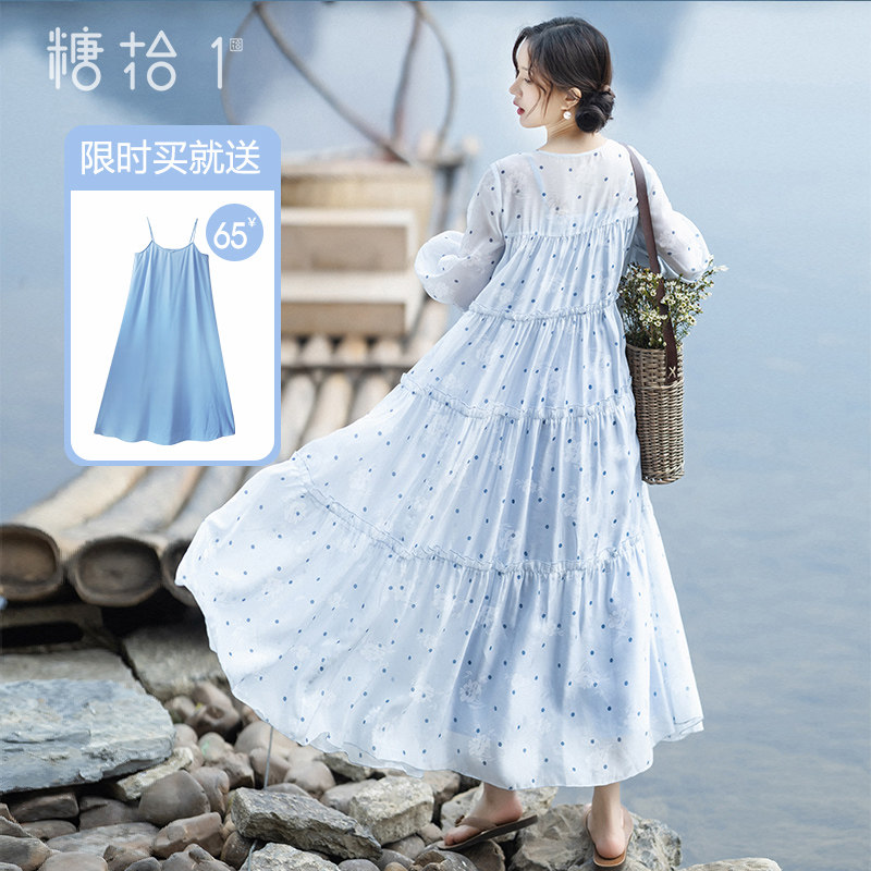 【凝纱浅梦】文艺蓝波点印花连衣裙女2025夏季新款浪漫飘逸蛋糕裙