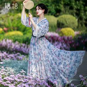 现货【花弄裳】新中式汉元素连衣裙女夏碎花裙收腰长裙轻国风裙子
