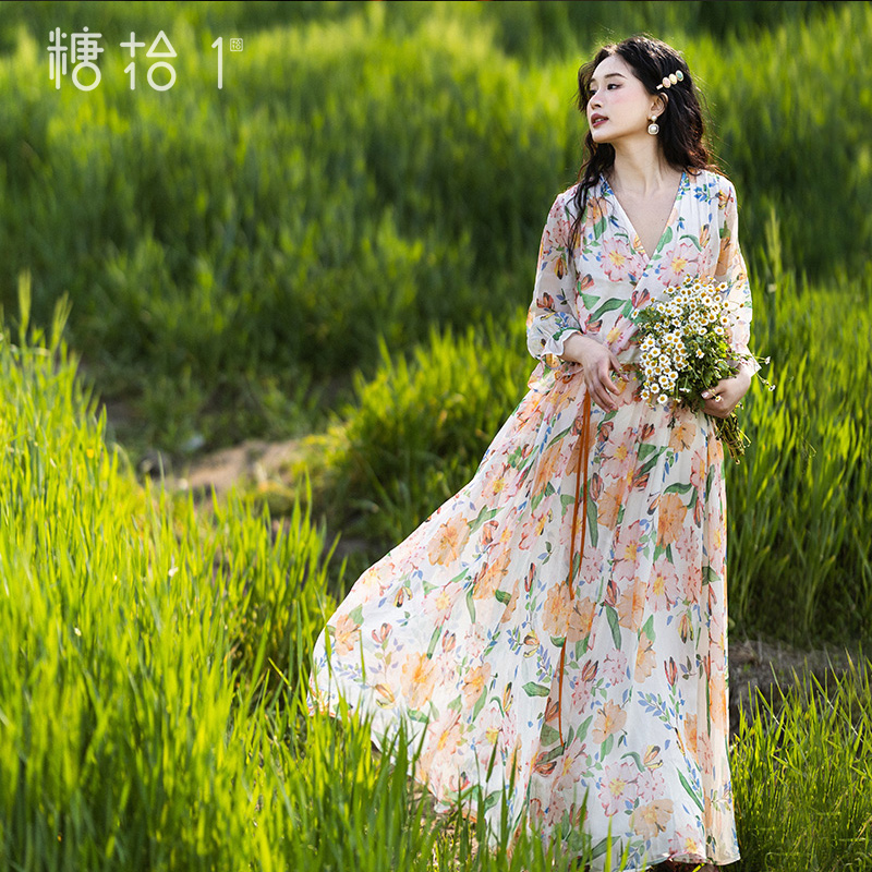 夏v领雪纺连衣裙女九分袖荷叶边